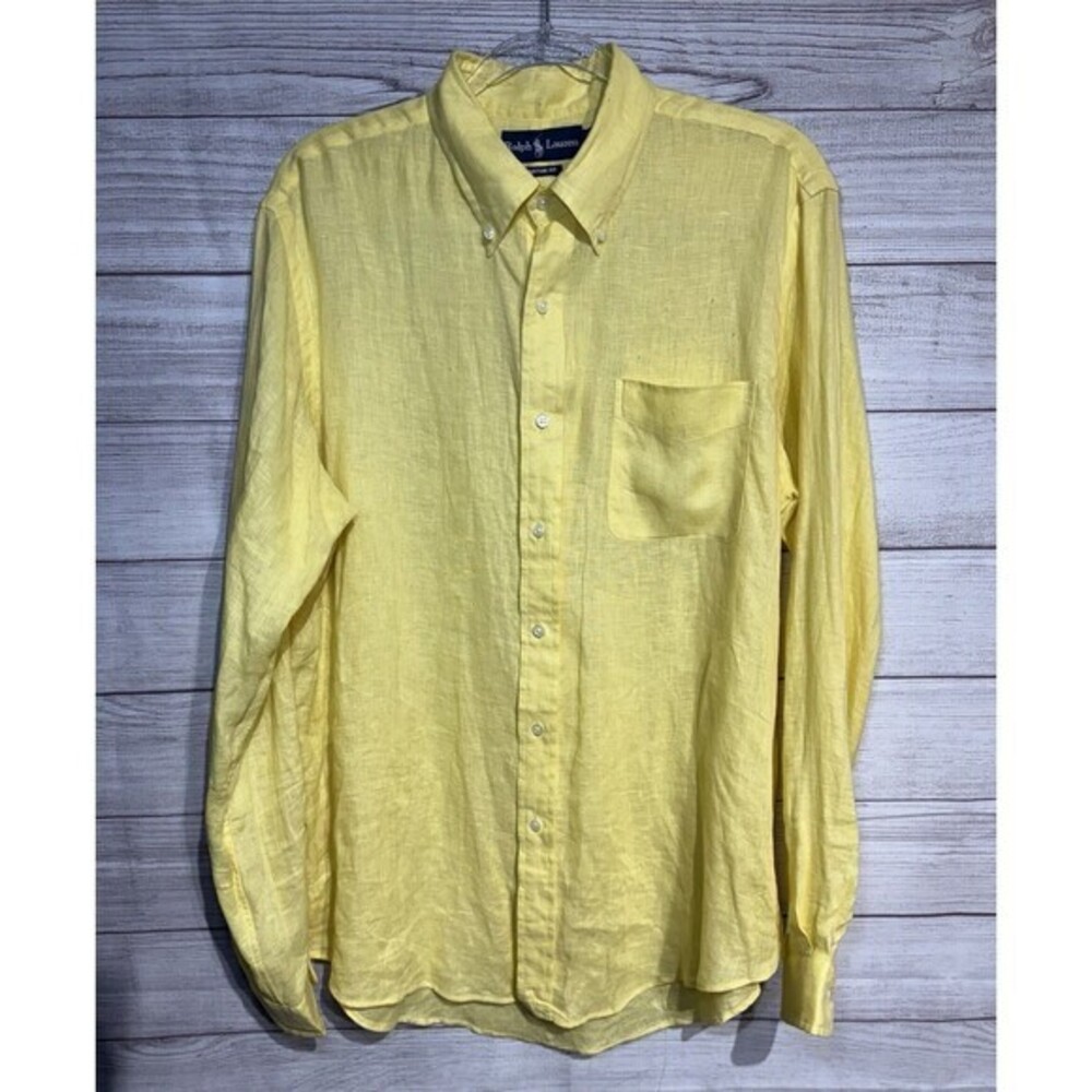 Ralph Lauren Mens Shirt YELLOW Button Down 100% Linen Custom Fit  SIZE LARGE
